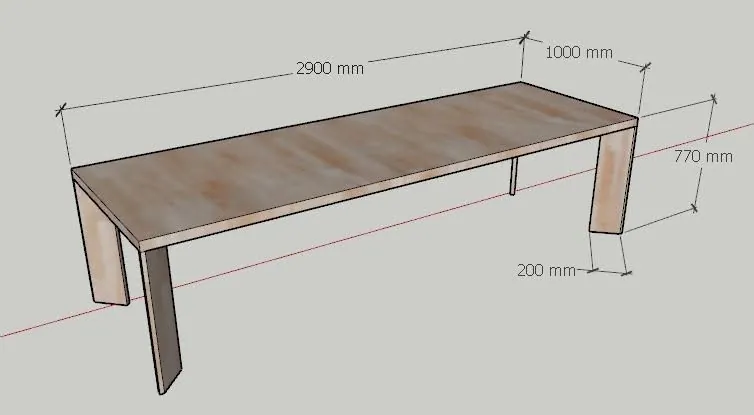 Desenho técnico de mesa de jantar com 2900 por 1000 milímetros